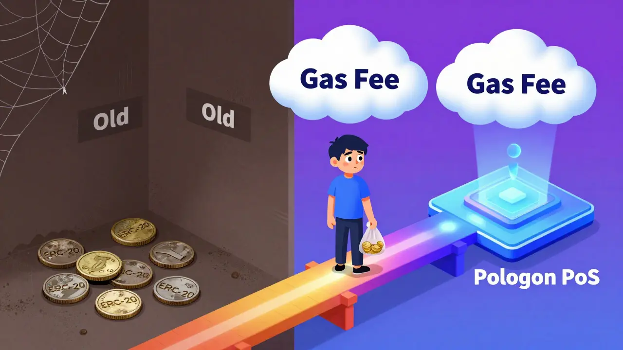 Cartoon showing fragmented crypto tokens stuck on Ethereum while a bridge leads to Polygon.