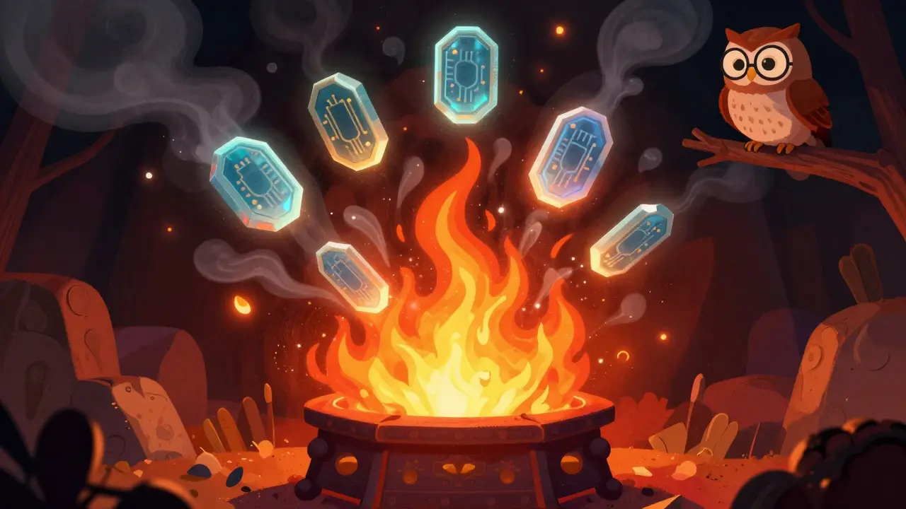 Cartoon tokens dissolving in a magical furnace representing the burn mechanism.