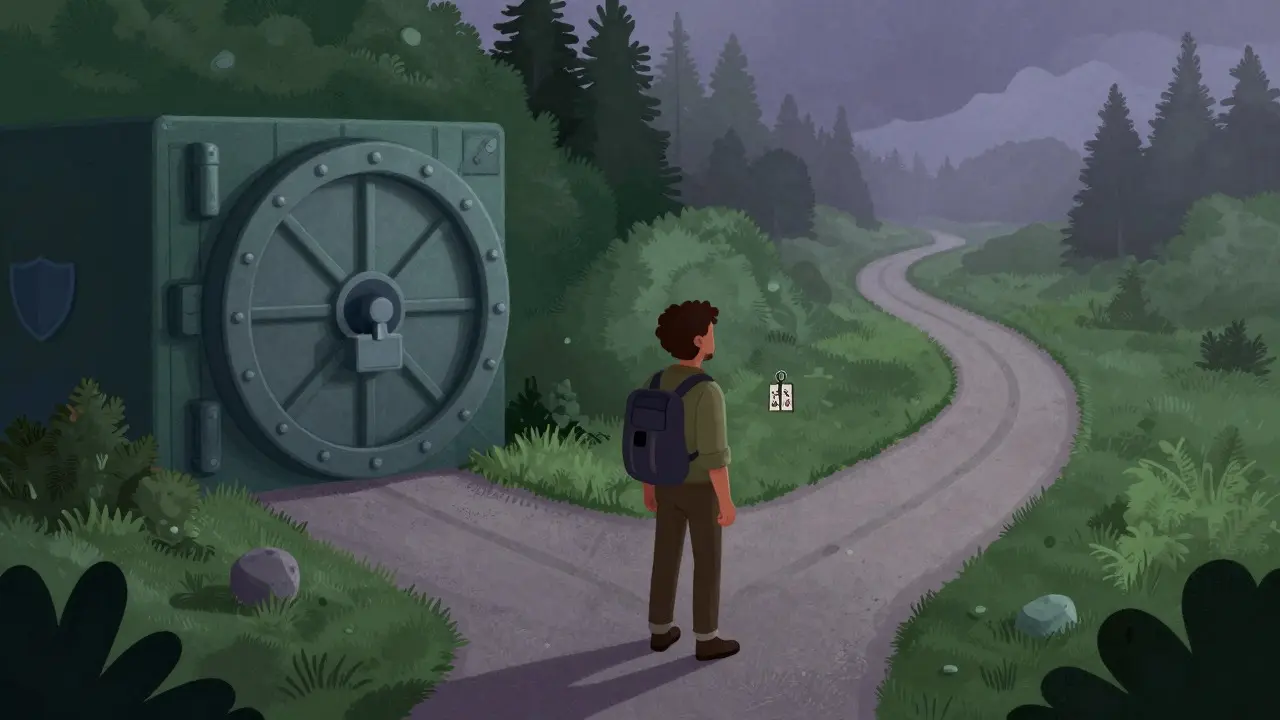 Cartoon traveler at a crossroads choosing between a secure vault and a foggy path