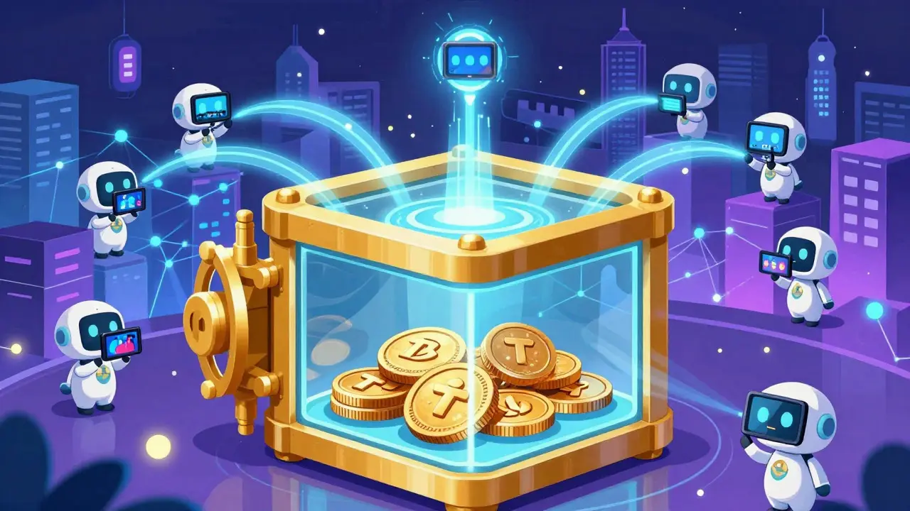 Cartoon view of a secure vault protecting tokens while powering a global video node network