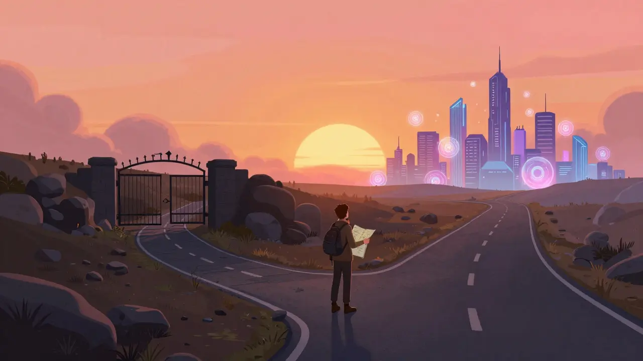 Character at a crossroads choosing between a dark path and a bright future city