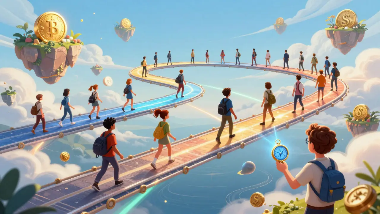 Characters crossing illuminated bridges between floating islands, depicting cross-chain integration and RWA trends