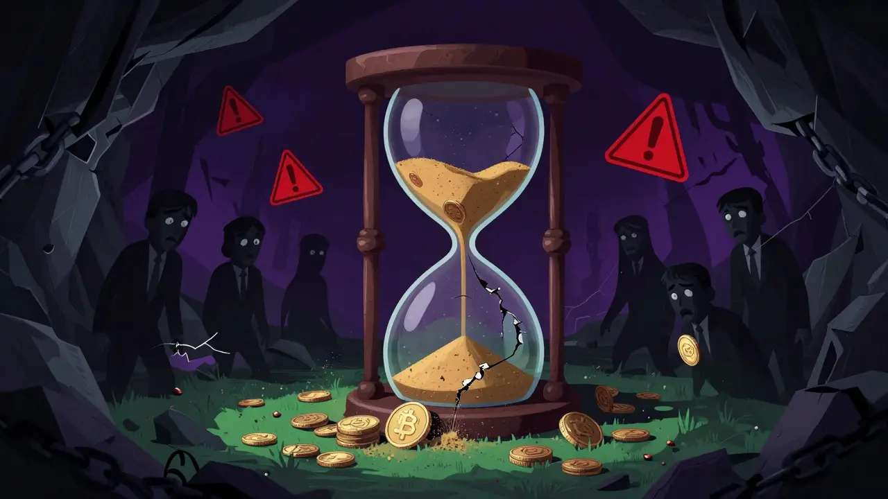 Dark illustration of an hourglass breaking, symbolizing the collapse of HMNG value.
