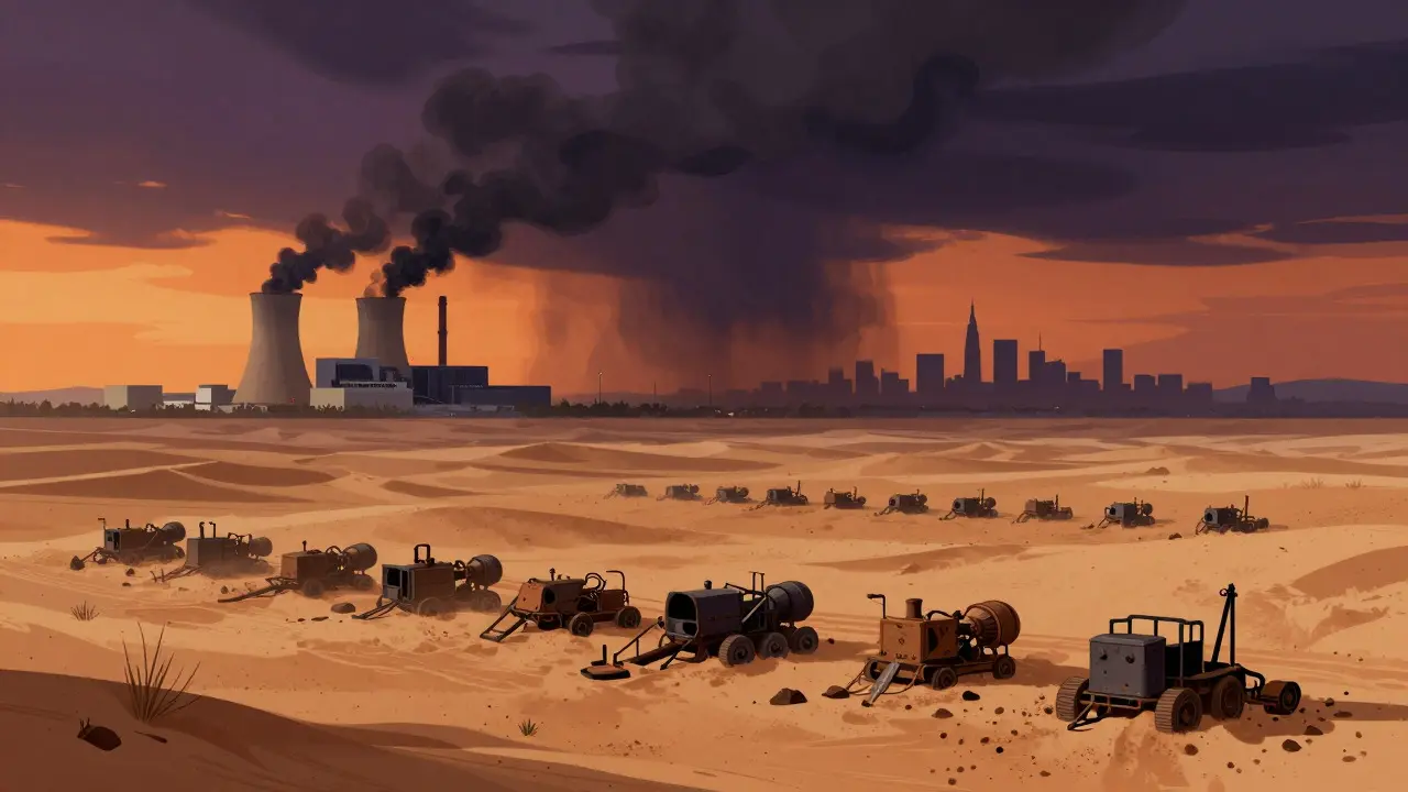 Desert scene with dormant mining rigs under a stormy sky, symbolizing energy crisis risks