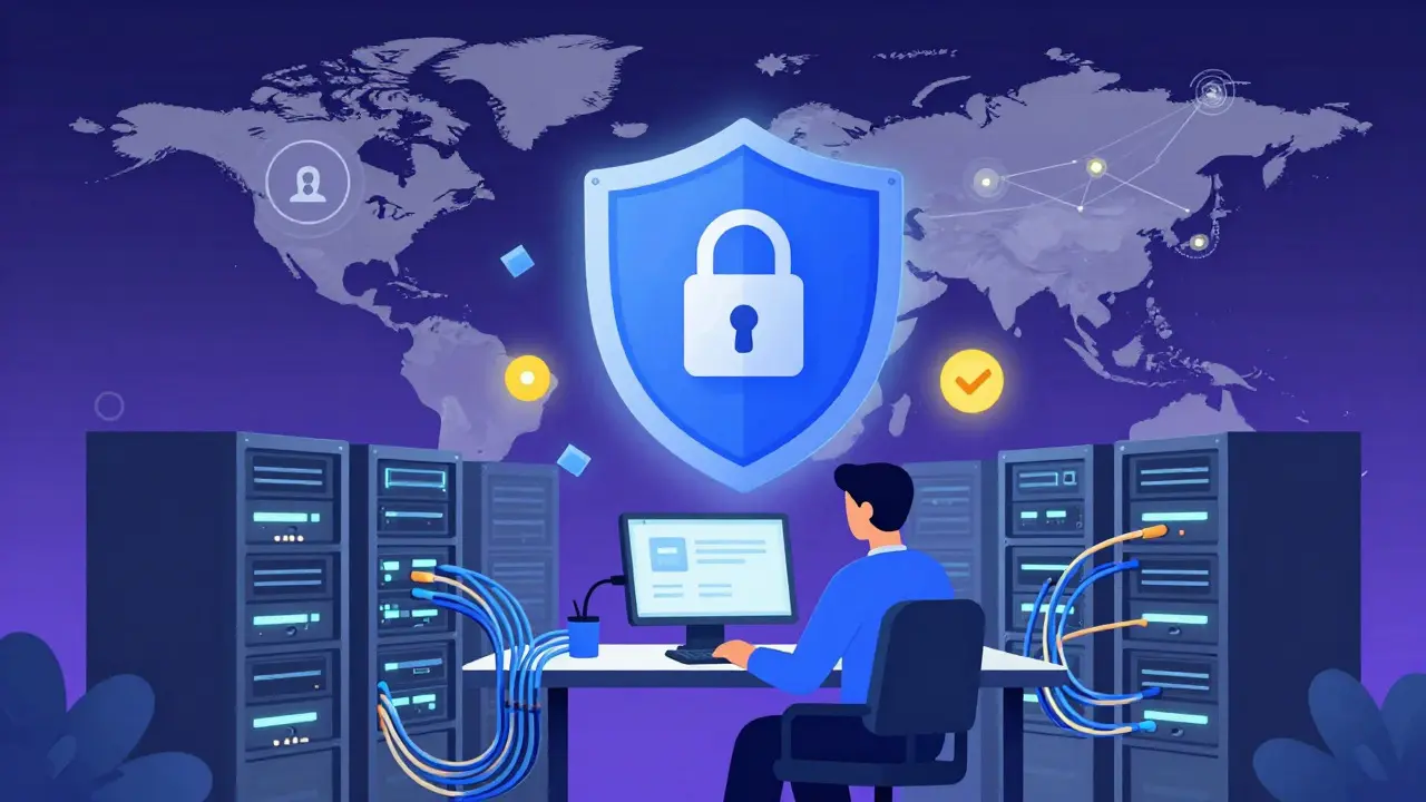 Developer managing secure API integrations and compliance shields