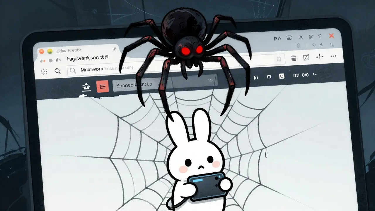 Digital spider trapping a rabbit with a crypto wallet on a screen