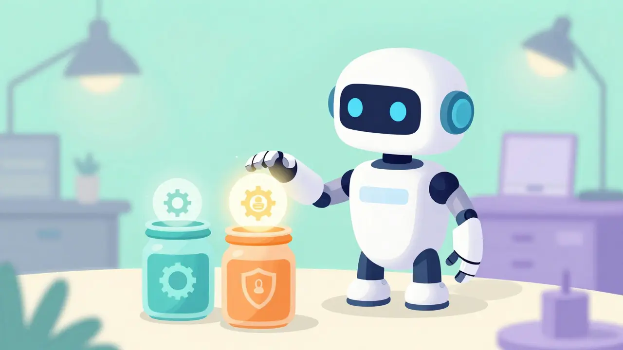 Friendly robot character organizing glowing asset orbs in jars, representing automated DeFi management