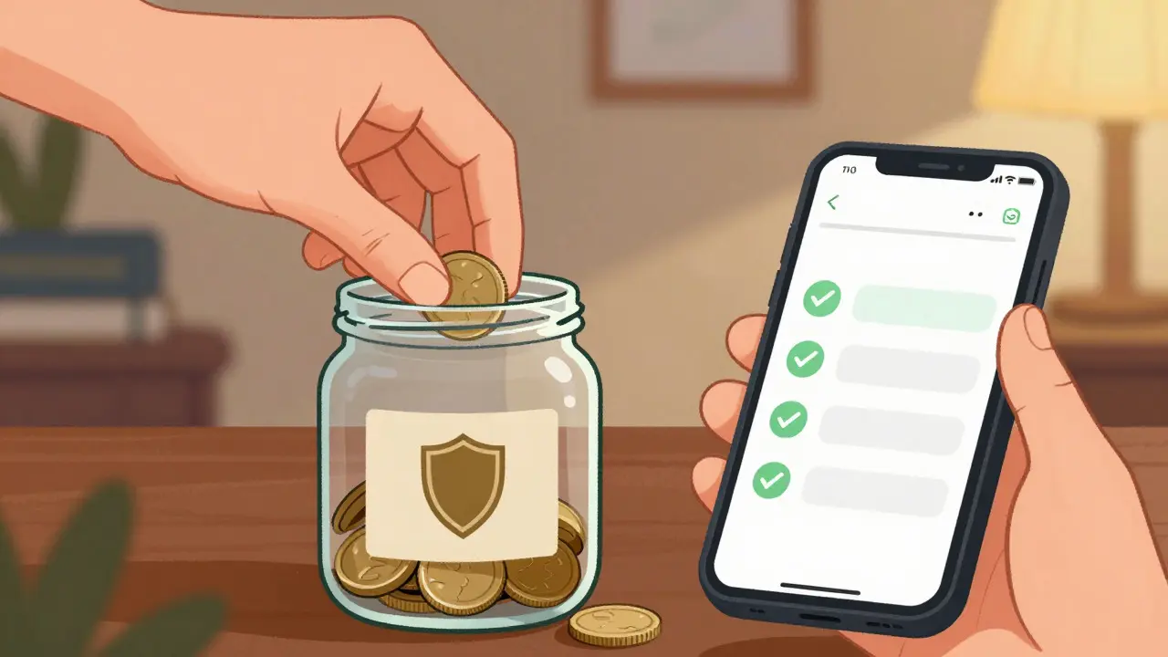 Hand placing coins in jar next to phone with green checks