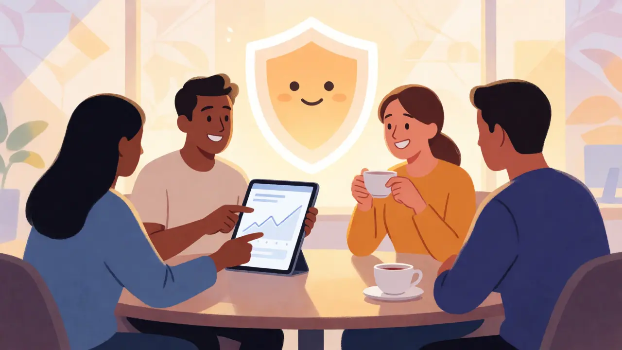 Happy users discussing crypto gains in a secure, modern office