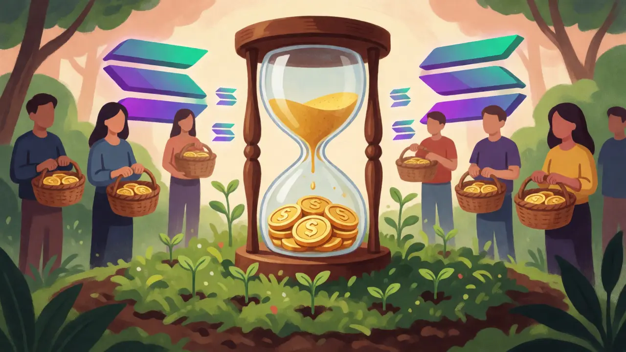 Hourglass dripping tokens into a garden representing gradual airdrop distribution