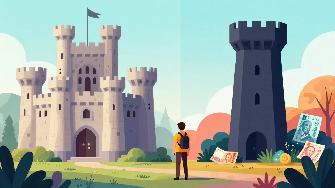 Illustration comparing a secure regulated fortress vs a niche unregulated platform