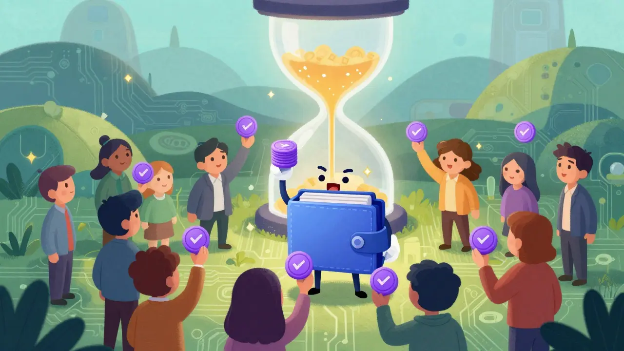 Illustration of a digital wallet character voting with purple tokens under a glowing hourglass
