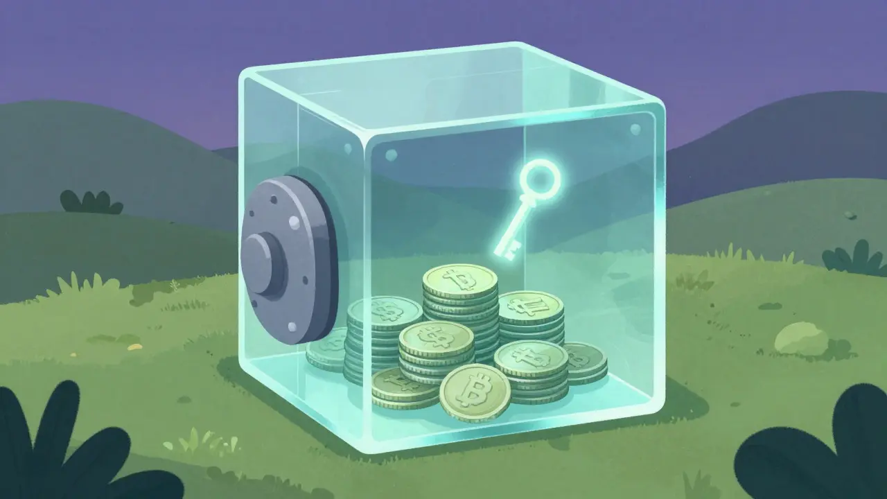 Illustration of a glass vault containing a stack of identical shiny coins