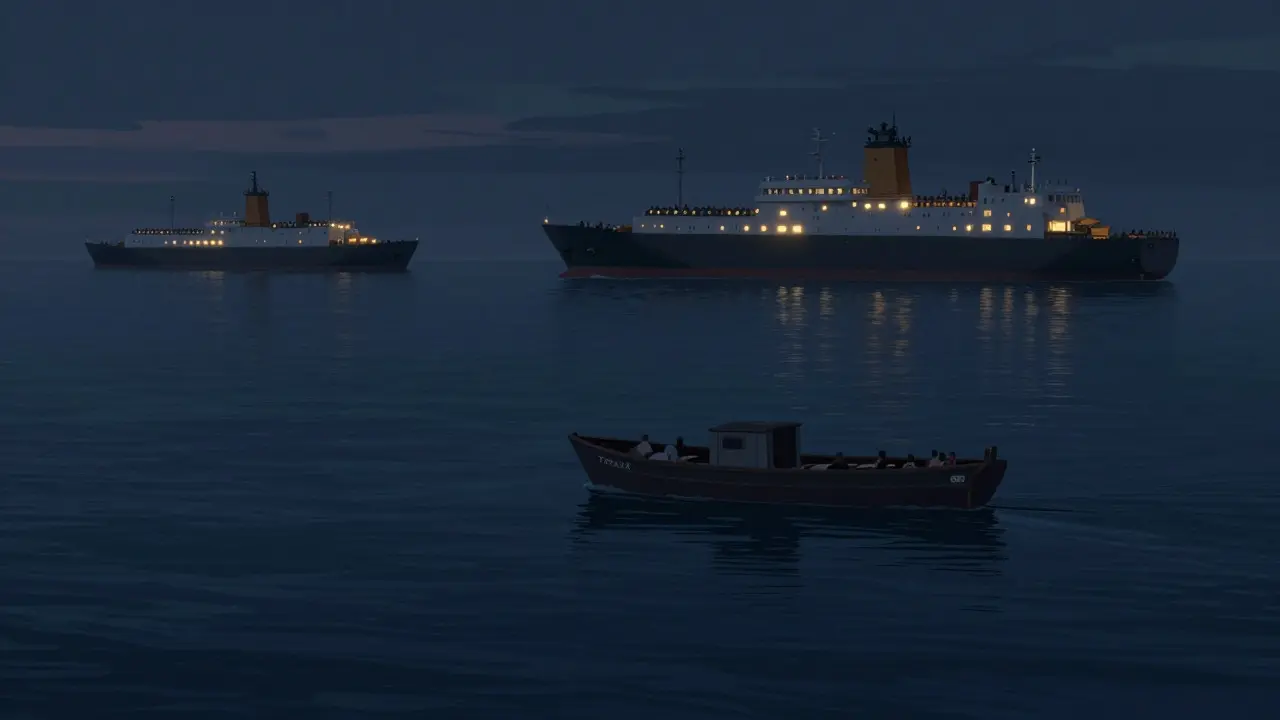 Illustration of a small lonely boat drifting on an empty sea while large competitor ships sail nearby.