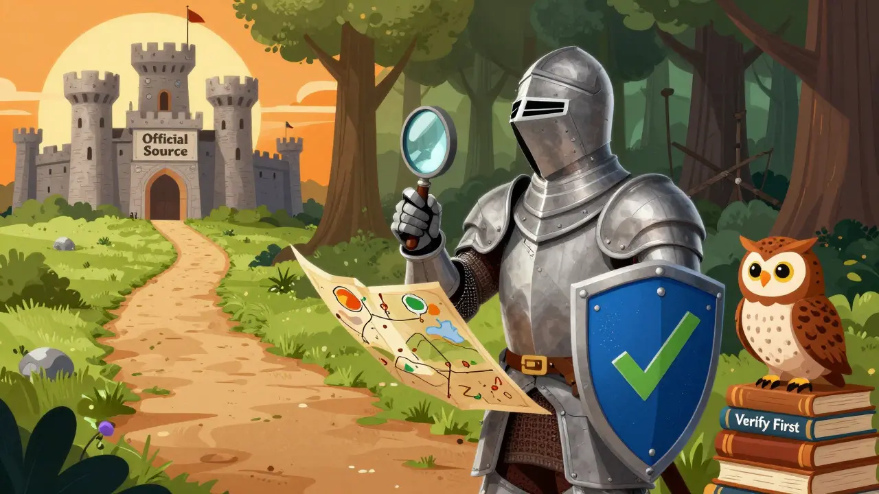 Knight inspecting a map with a wise owl, symbolizing verification