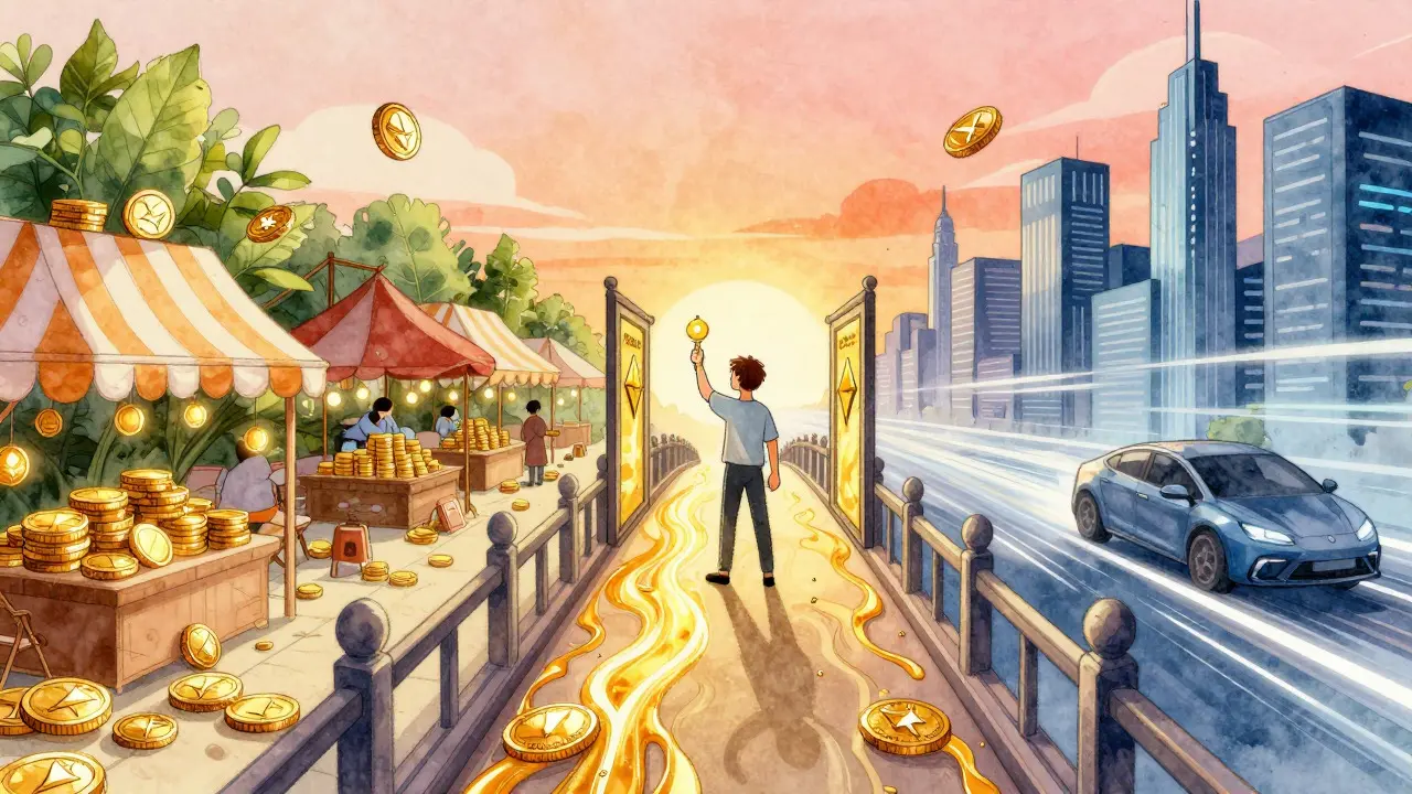 Magical bridge connecting different blockchain networks with flowing assets.