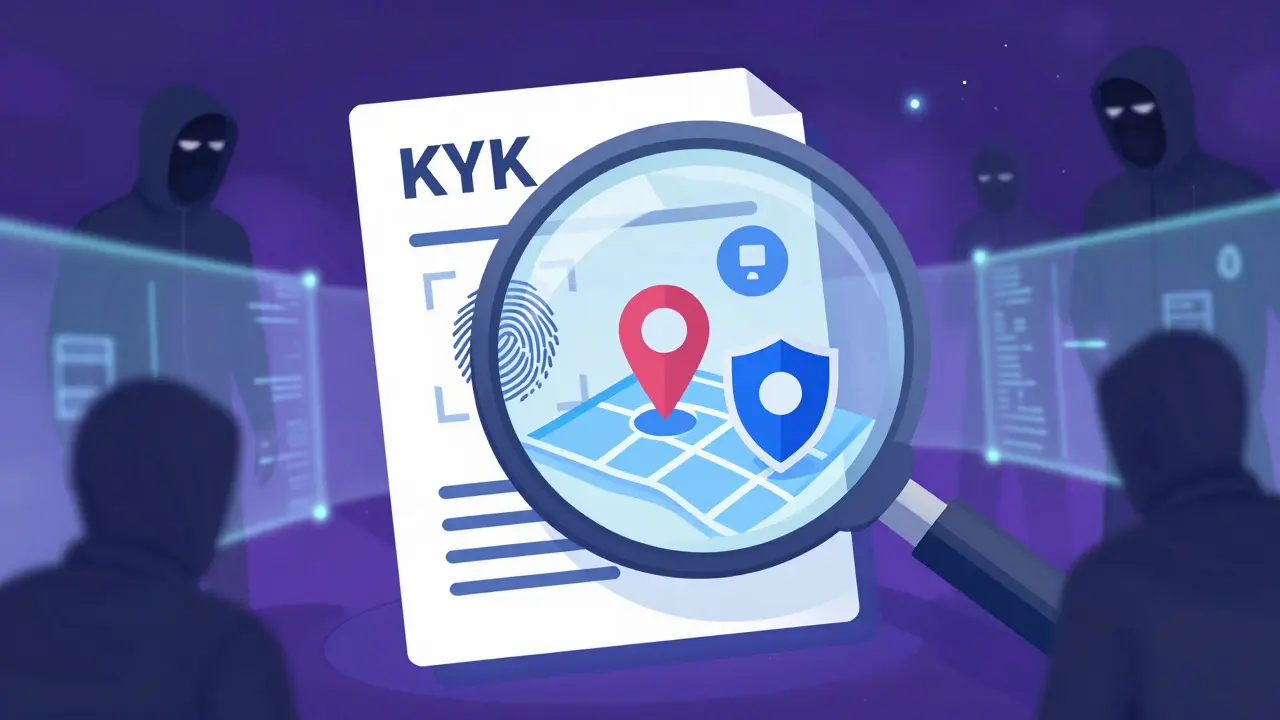 Magnifying glass inspecting KYC security checks and fraud prevention