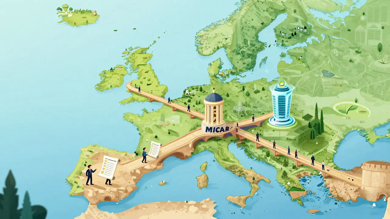 Map of Europe with bridges connecting banks and crypto