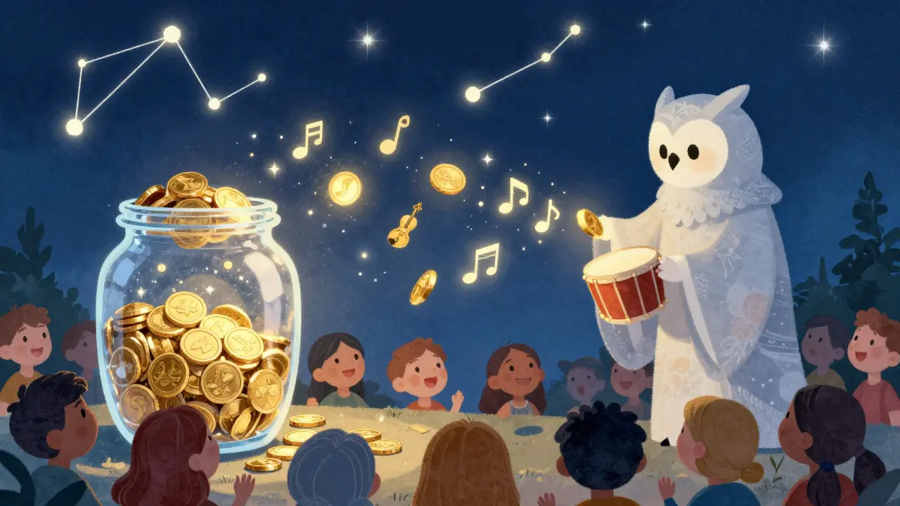 Owl guardian releasing golden coins and musical instruments from a crystal jar to a crowd