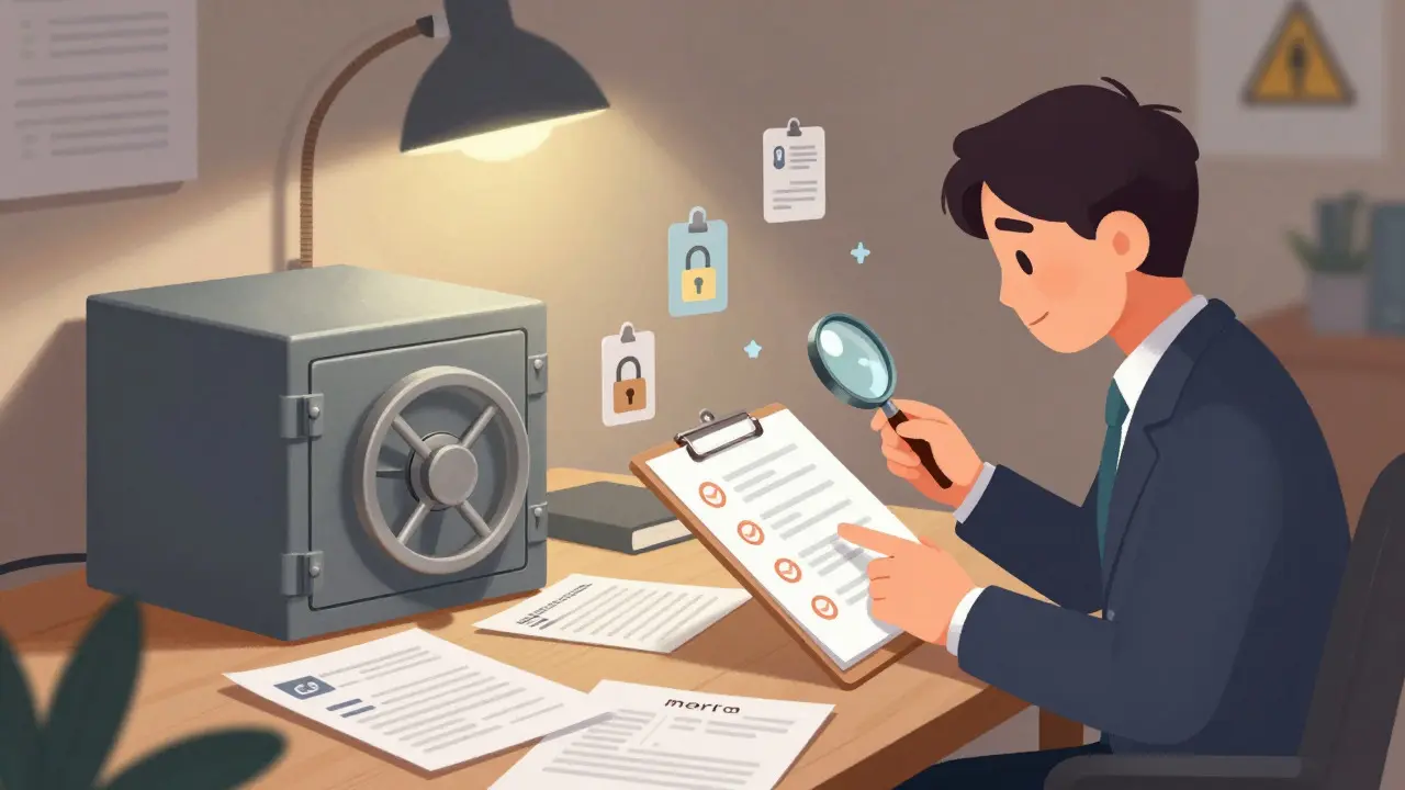 Professional reviewing compliance documents and security
