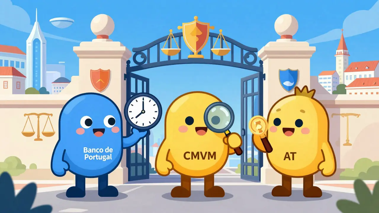 Regulatory guardians standing before a gate in a stylized city