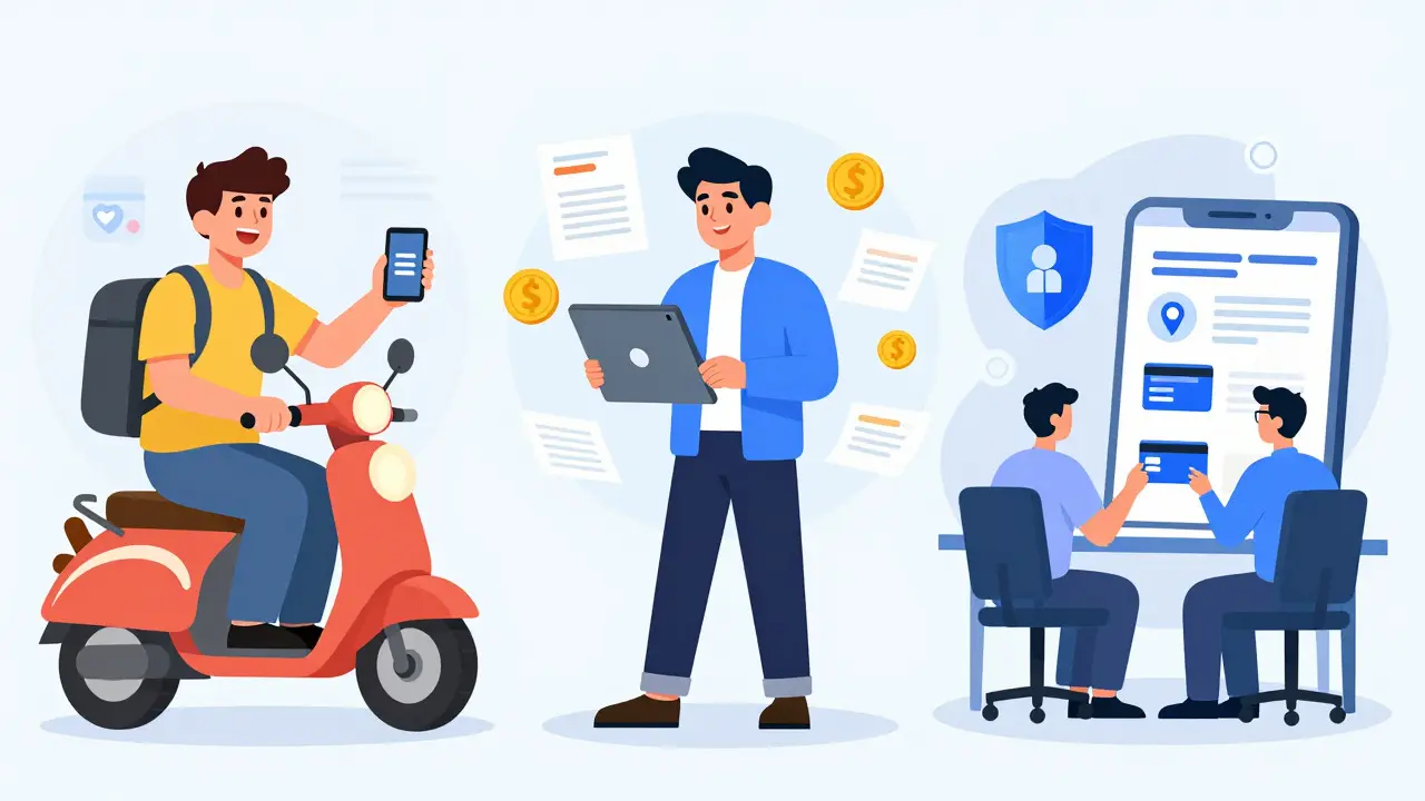 Scene showing gig workers, SMEs, and corps using embedded finance