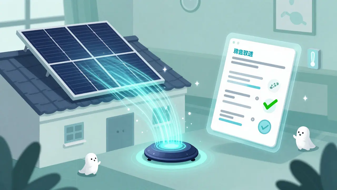 Smart home with IoT sensors and encrypted data in a whimsical illustration.