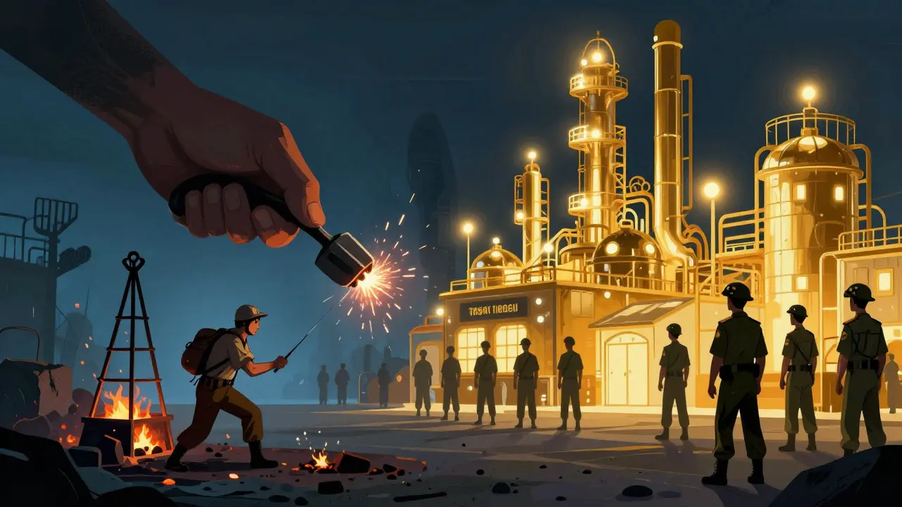 Split view showing a private miner's power outage versus a large state-run mining facility