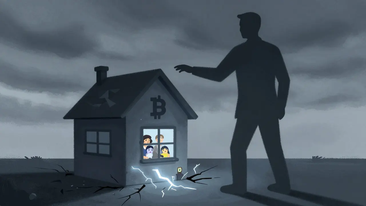 Storybook art of a bank silhouette overshadowing a small crypto exchange house