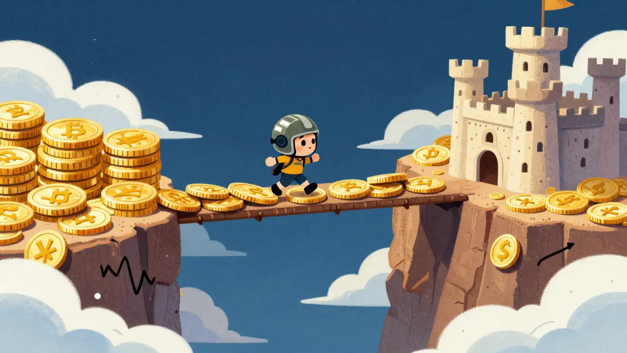 Storybook art of a character balancing on a coin bridge over a volatility chasm