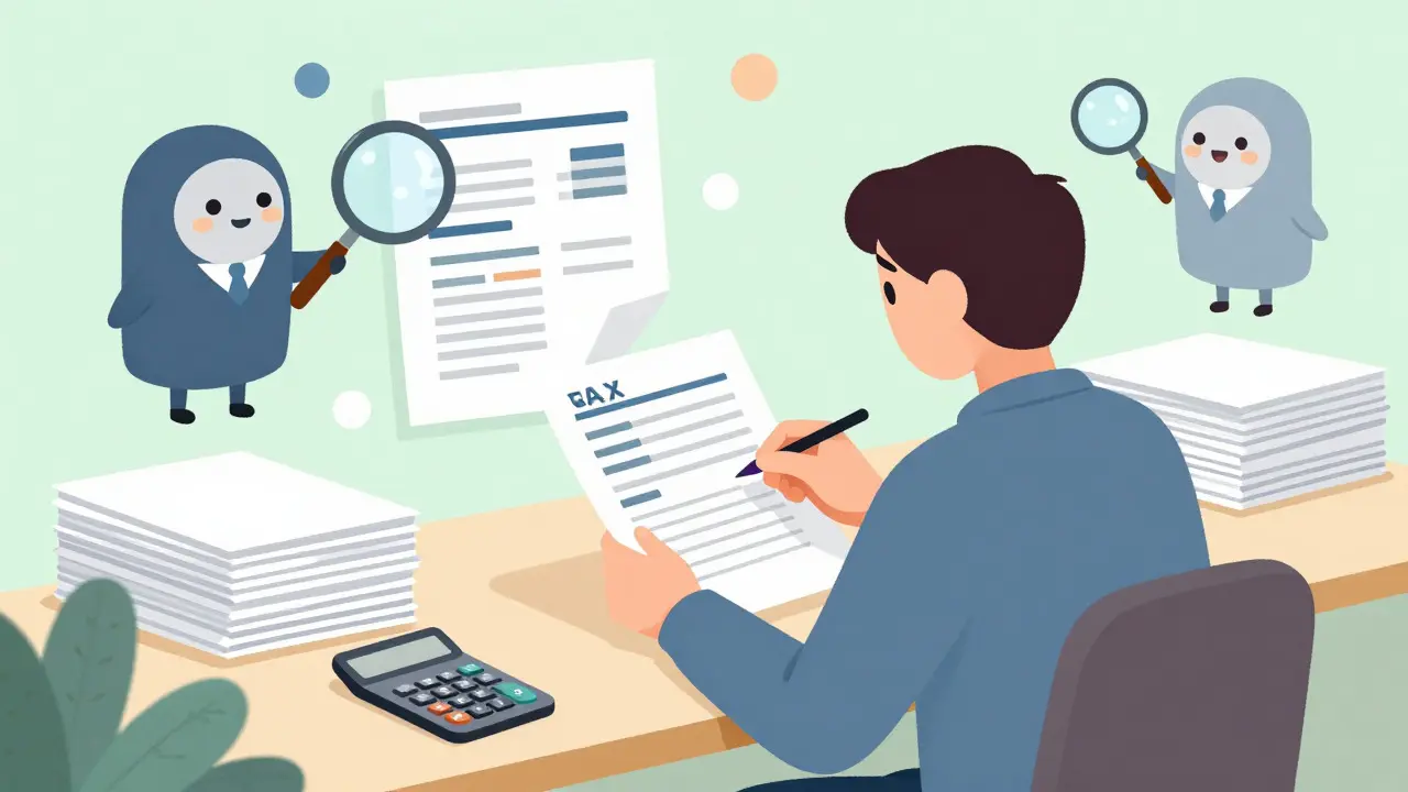 Storybook art of a trader organizing records with regulatory oversight figures
