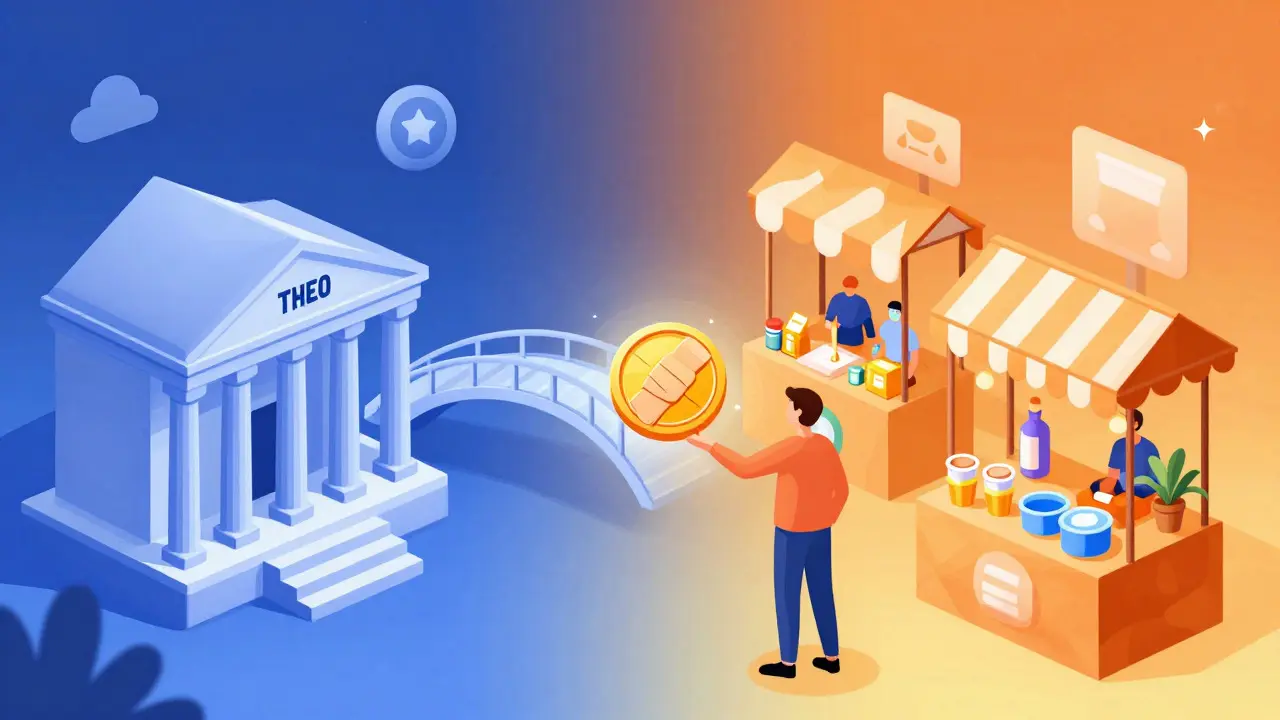 Storybook art showing a bridge allowing a wrapped token to access a busy decentralized marketplace