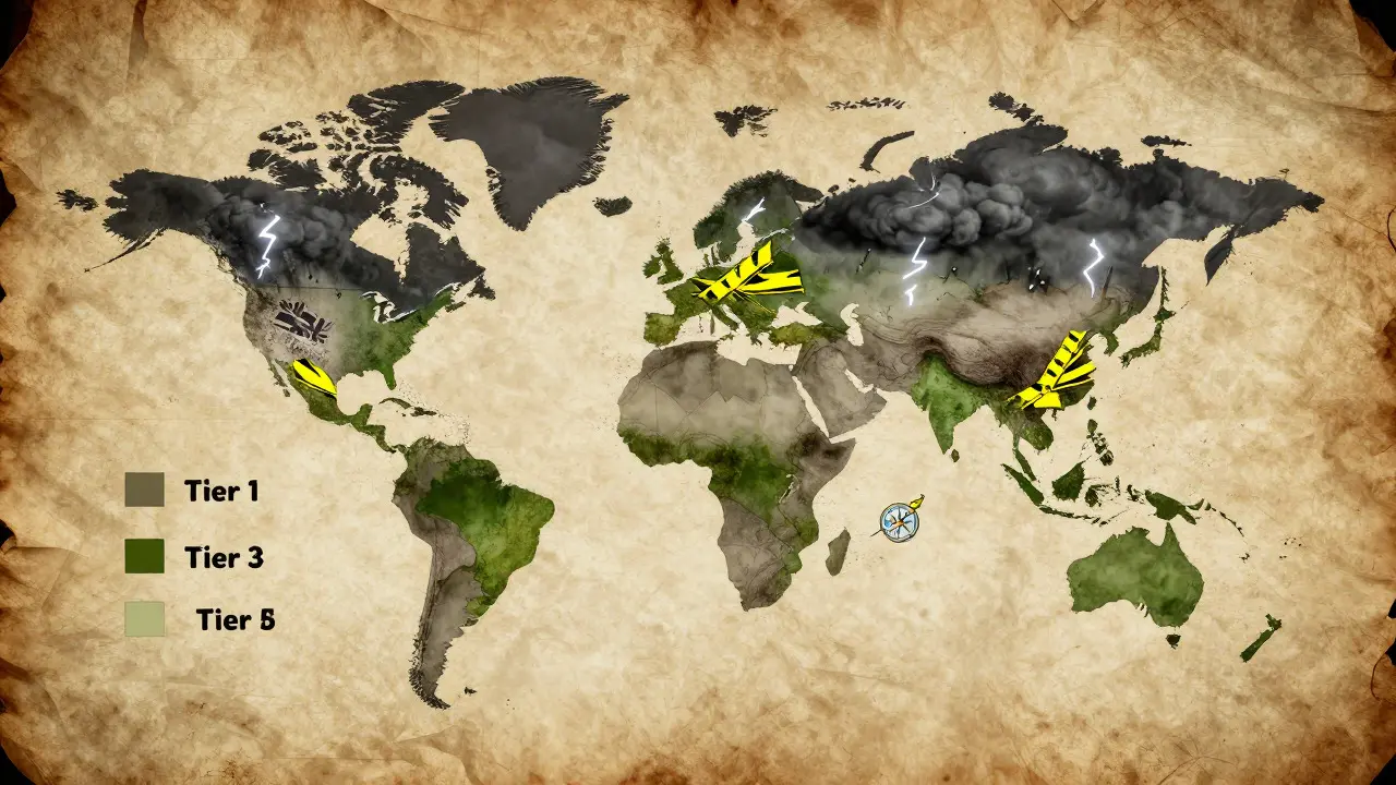 Stylized world map showing crypto trading restrictions by region