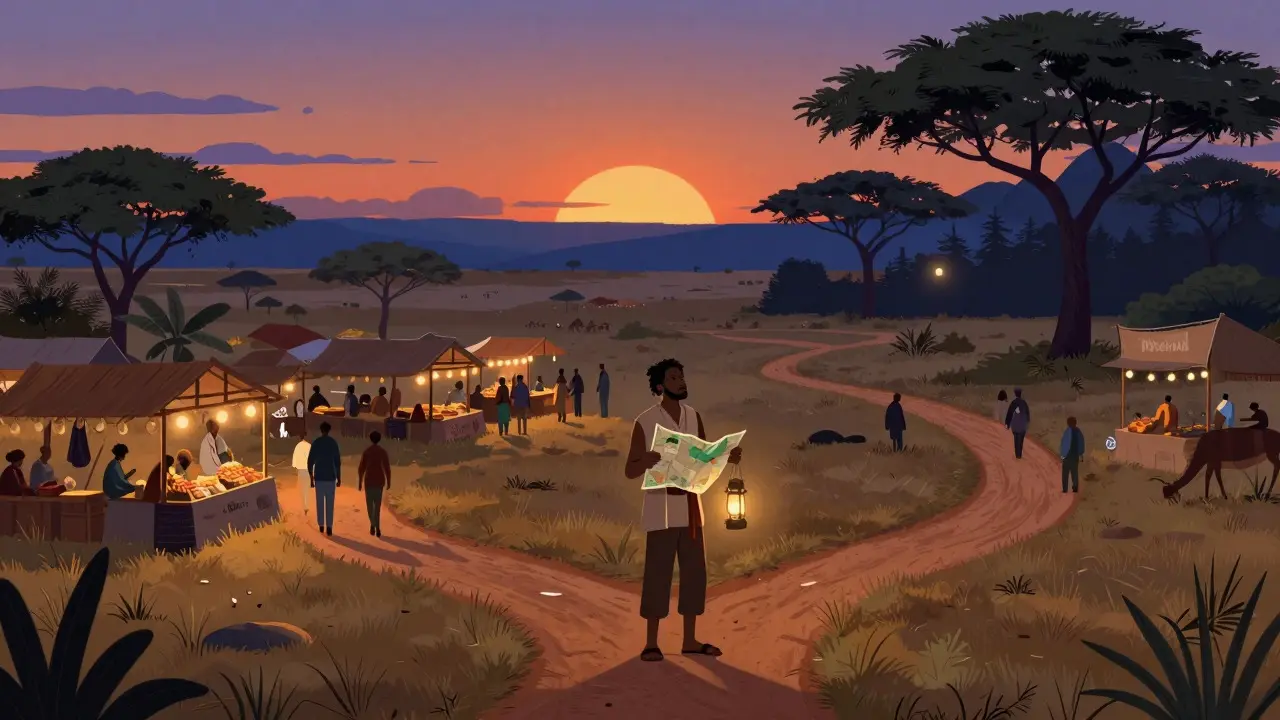 Trader choosing between a busy market and a dark, unknown path