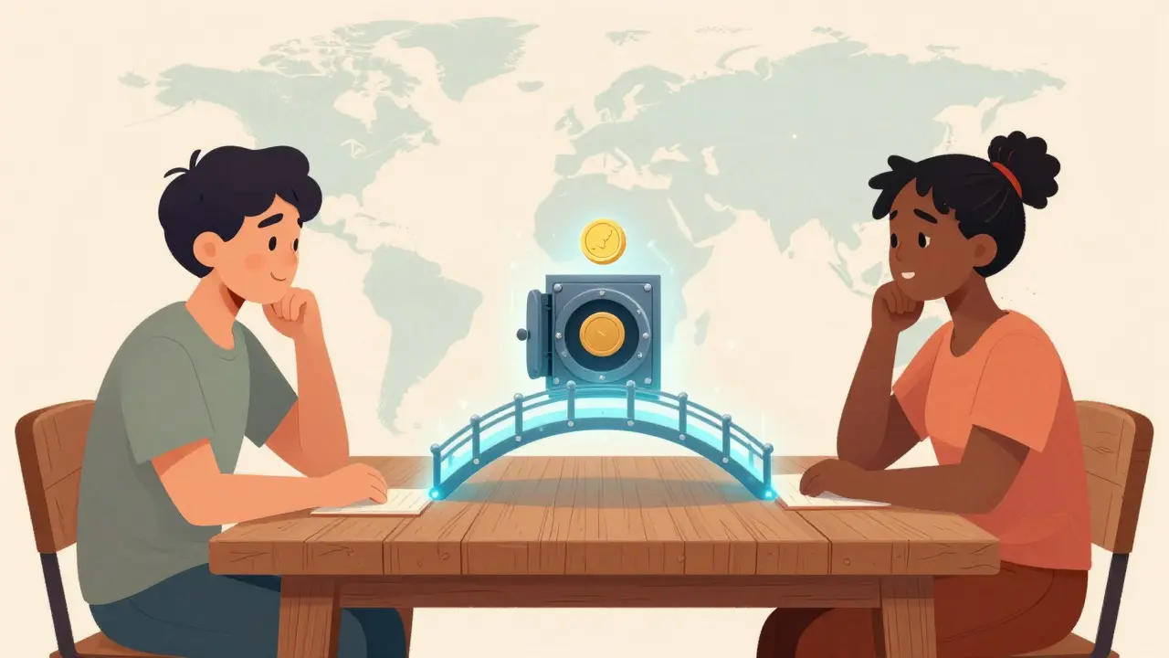 Two people trading via magical light bridge with secure vault