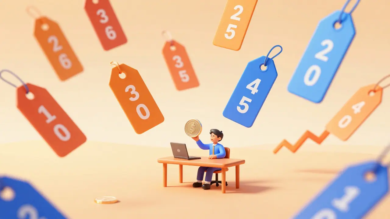 Whimsical drawing of a trader facing chaotic floating price tags