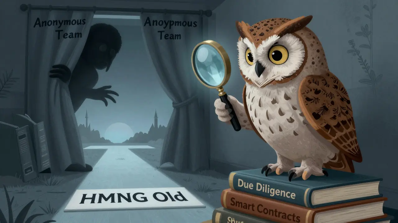 Wise owl inspecting a suspicious figure with a magnifying glass, representing due diligence.
