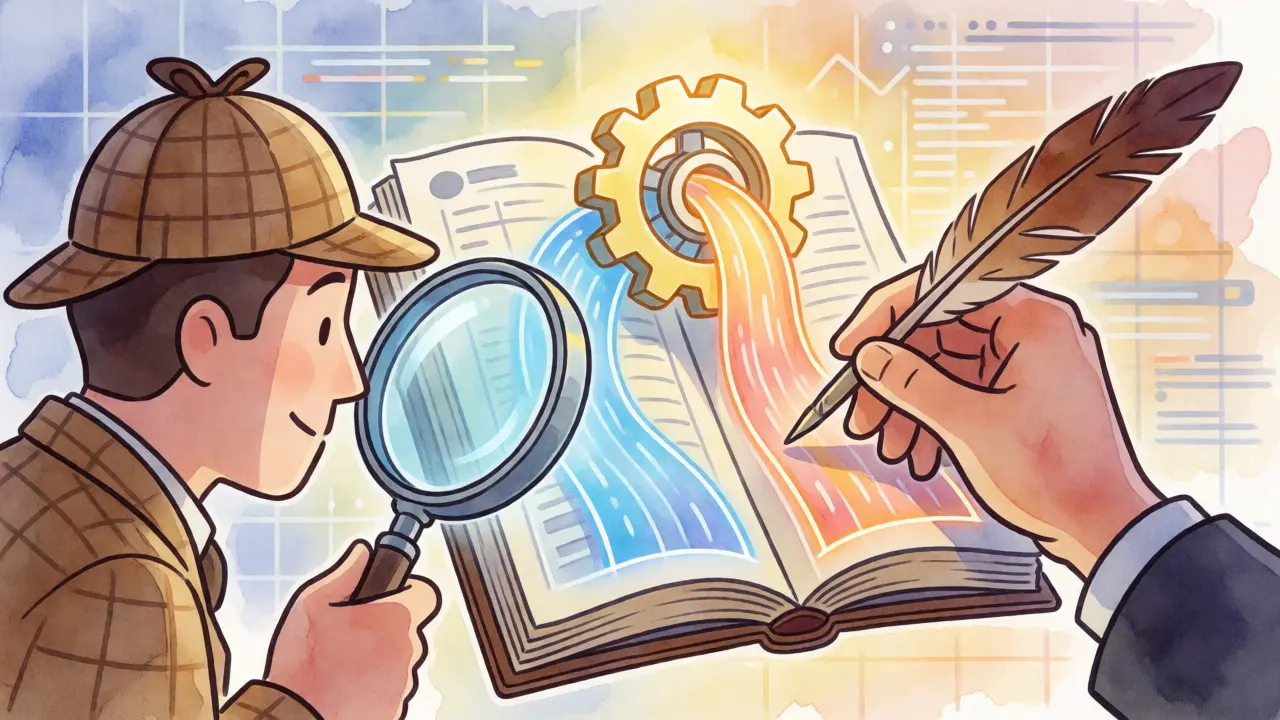 A detective comparing automated gears and manual hands on a holographic ledger.