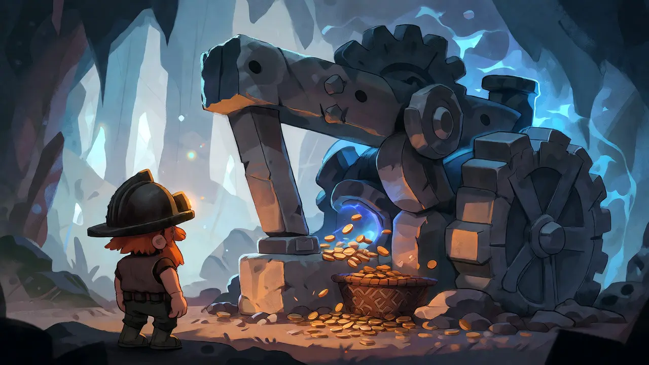 A miner operates a large stone mining machine in a glowing cavern.