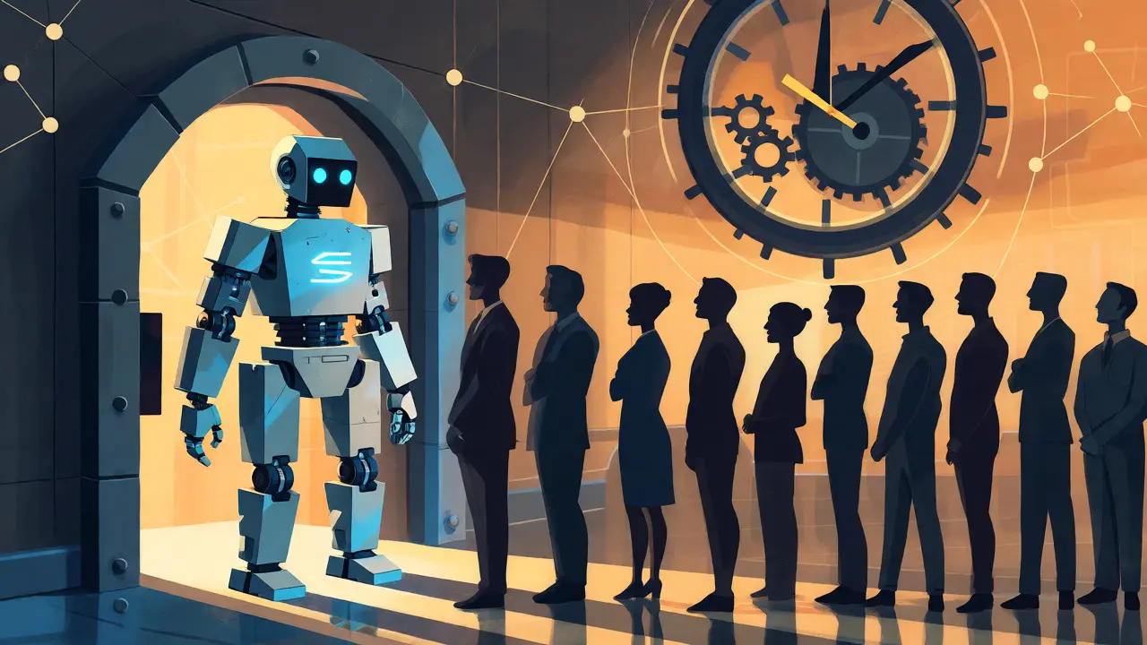 A robotic smart contract guard overseeing token release timelines.