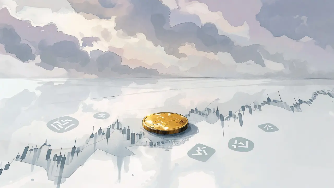A solitary coin sits on a vast white plain surrounded by fading mist.