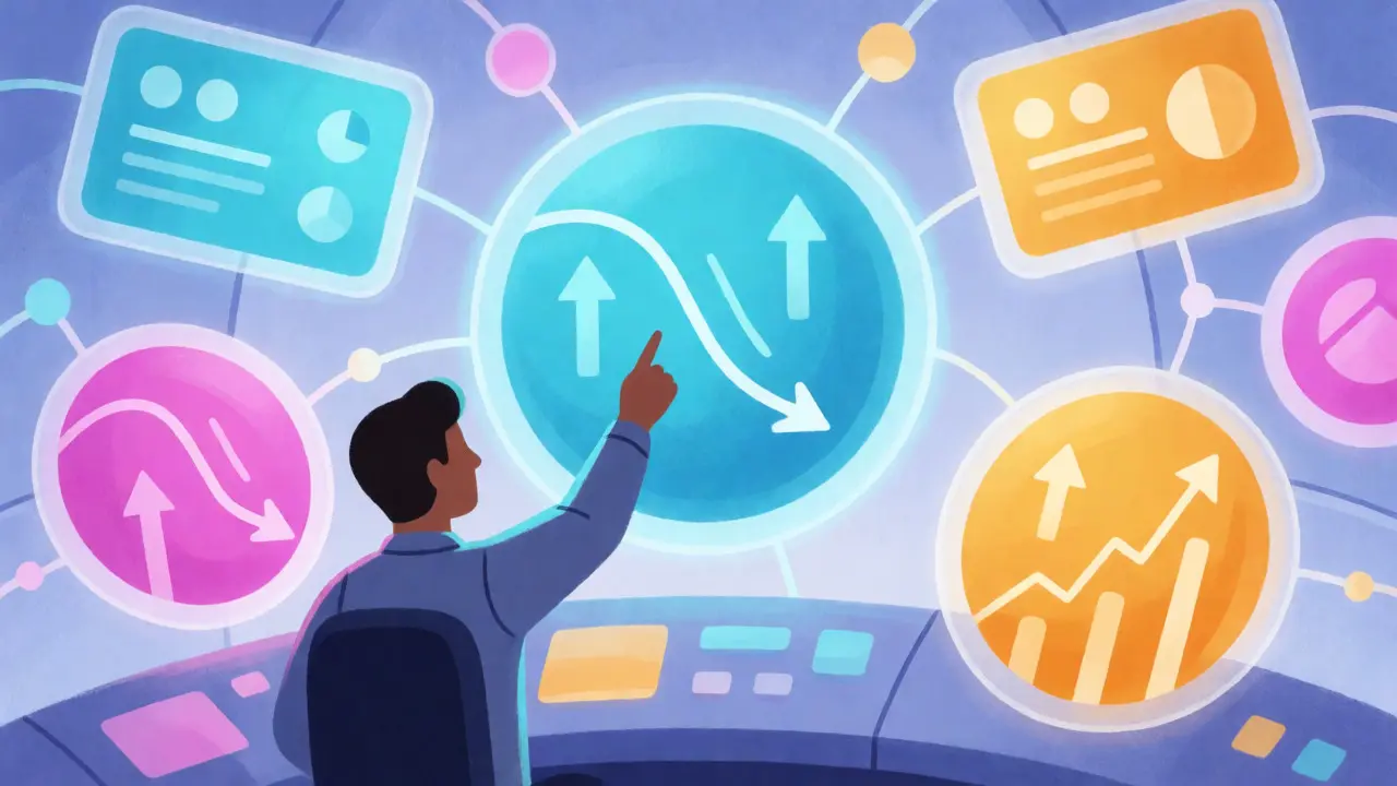 A user monitoring colorful floating dashboards in a futuristic control room.