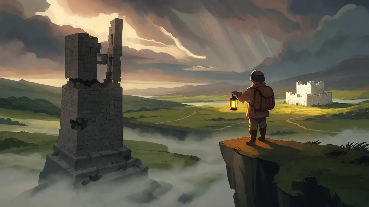 Adventurer viewing a ruined tower and a new castle under a stormy but hopeful sky.