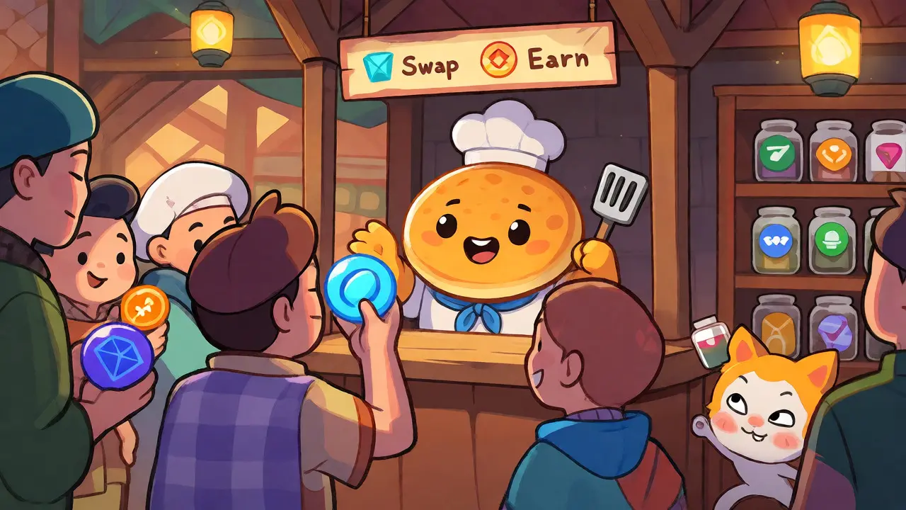 An anthropomorphic pancake chef serves customers in a whimsical decentralized exchange marketplace.
