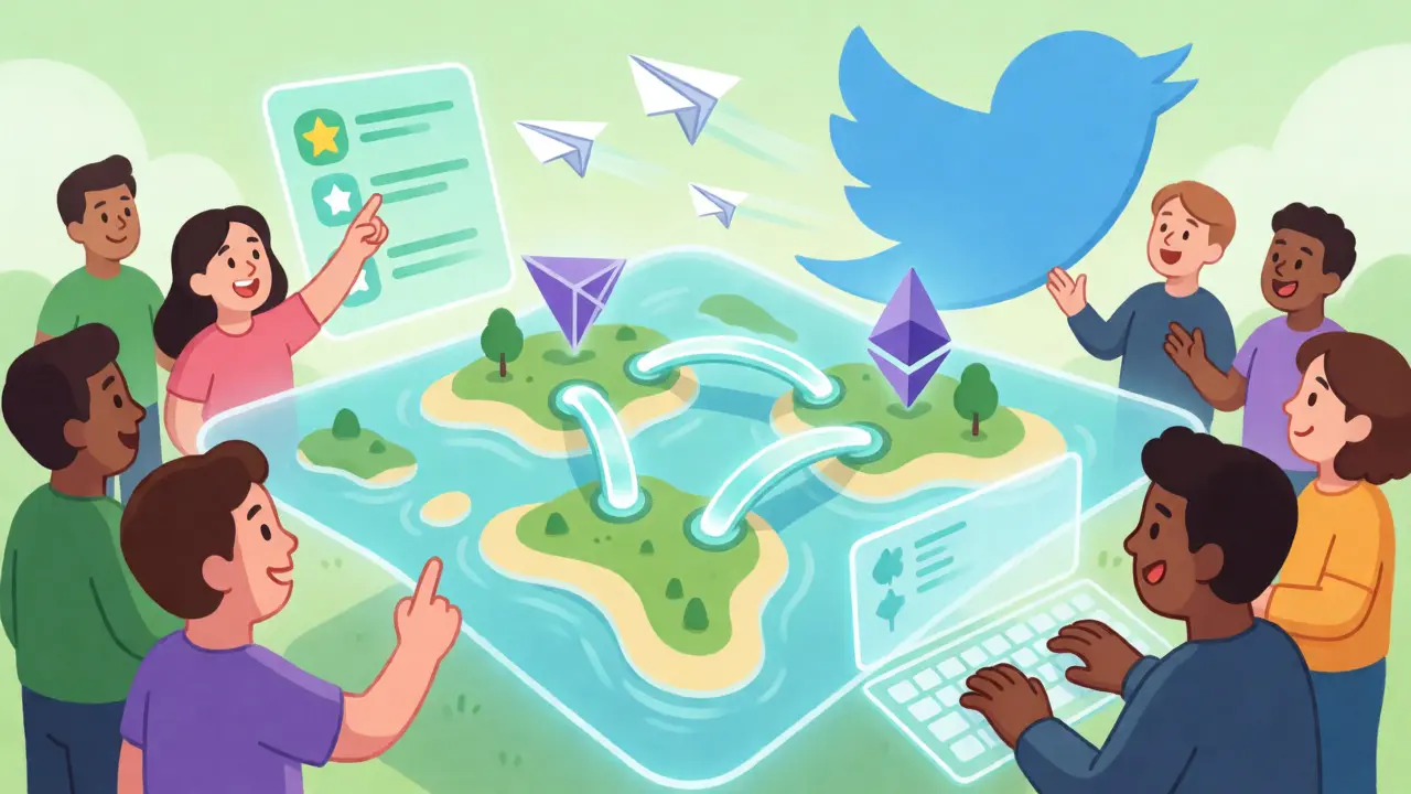 Avatars engaging with blockchain networks and social tasks in a digital landscape