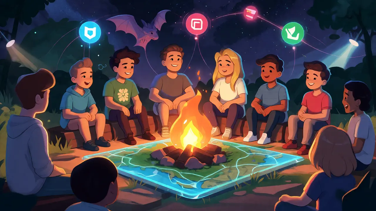 Avatars gathering around a holographic map under a starry digital sky