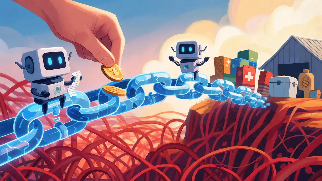 Blockchain chain bridging donors and beneficiaries with visible supply tracking