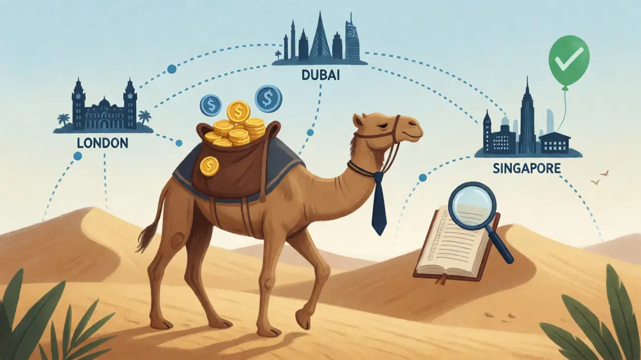Business camel carrying coins across dunes with global connection lines.
