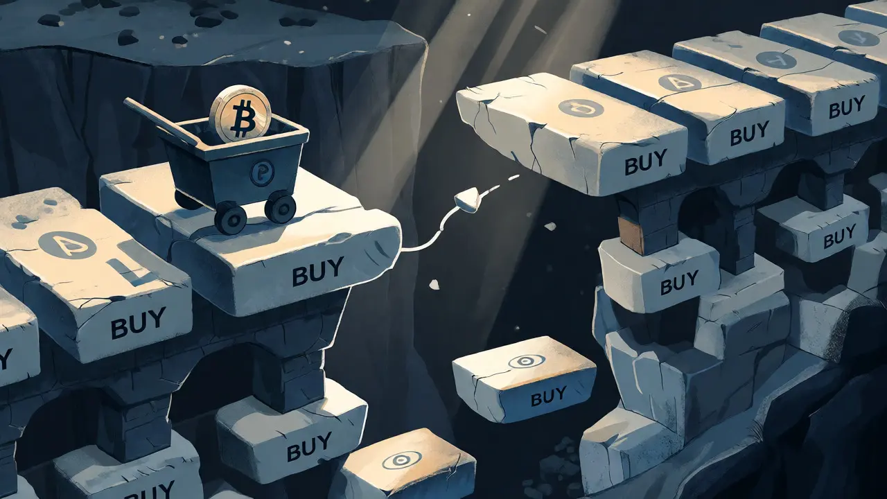 Cart rolling off a broken bridge across a gap, symbolizing liquidity voids in order books.