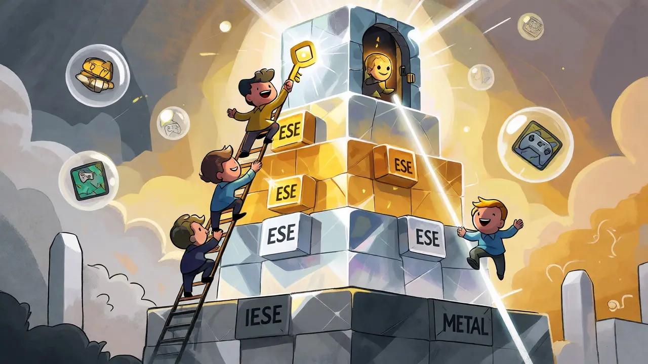 Cartoon characters climbing a crystal tower of staking tiers to unlock rewards.